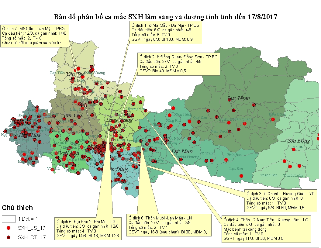 Bản đồ phân bố ca mắc sốt xuất huyết lâm sàng và dương tính tại tỉnh Bắc Giang tính đến ngày...